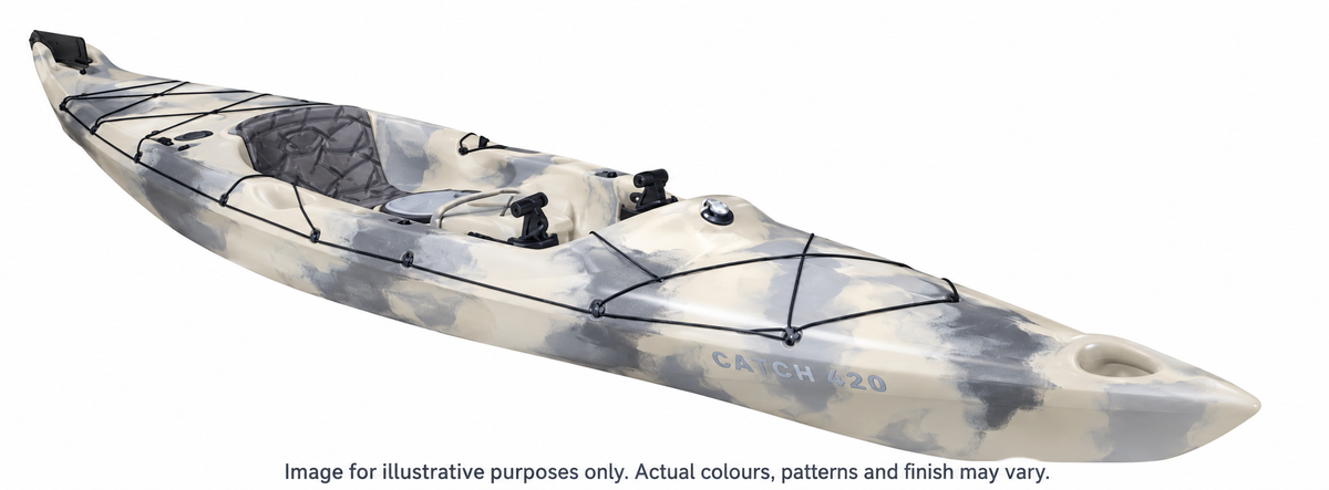 Mission CATCH 420 EXP (ruddered) kayak in Sand Camo, full kayak colour illustration. Image for illustrative purposes only. Actual colours, patterns and finish may vary.