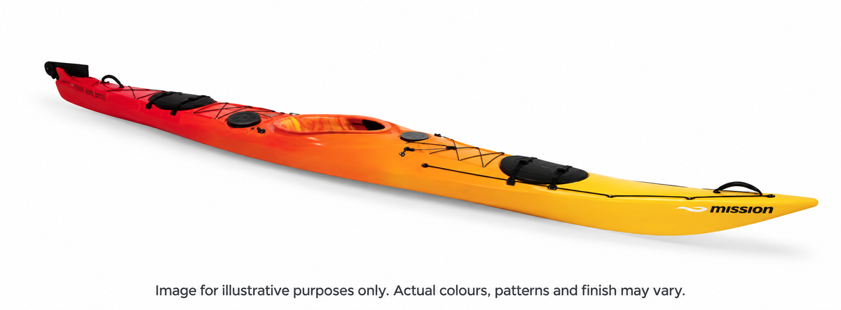 Mission ECO BEZHIG 540 kayak in Red Fade, full kayak colour illustration. Image for illustrative purposes only. Actual colours, patterns and finish may vary.