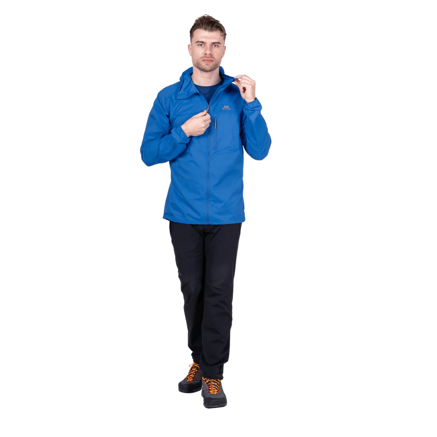 Mountain Equipment Aerofoil Hooded Men's Jacket in Atlantic Blue - back view showing articulated pre-shaped sleeves