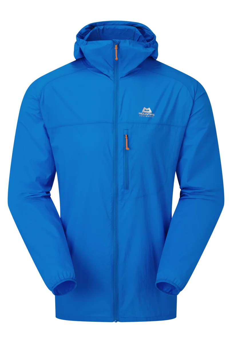 Mountain Equipment Aerofoil Hooded Men's Jacket in Atlantic Blue - front view showing EXOLITE 45 softshell fabric and active fit