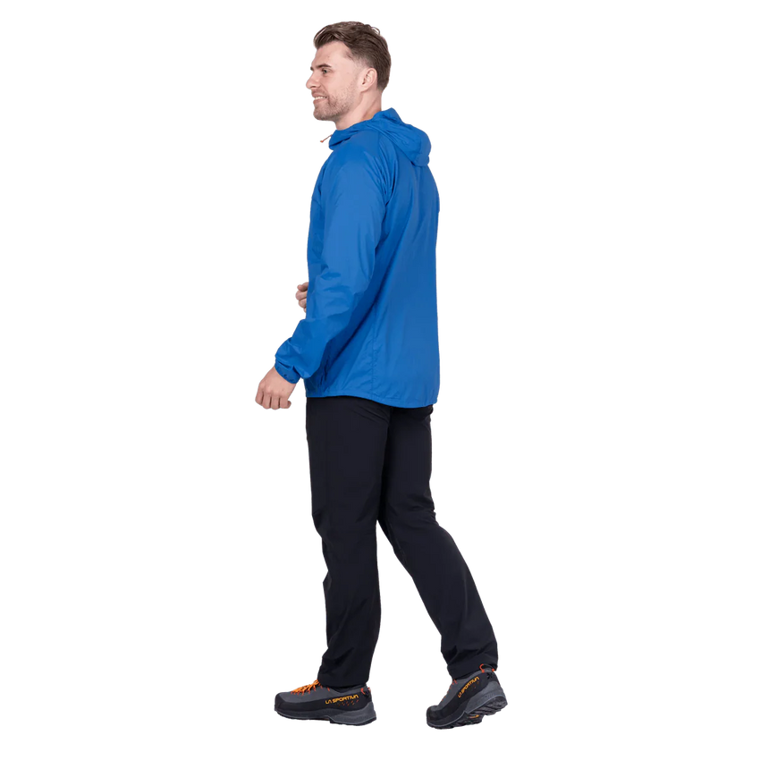 Mountain Equipment Aerofoil Hooded Men's Jacket in Atlantic Blue - side view showing active fit and adjustable hem drawcord