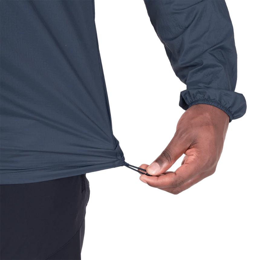 Zipped chest pocket detail on Mountain Equipment Aerofoil Hooded Men's Jacket in Blue Nights doubling as stuff sack with twin karabiner carry loops