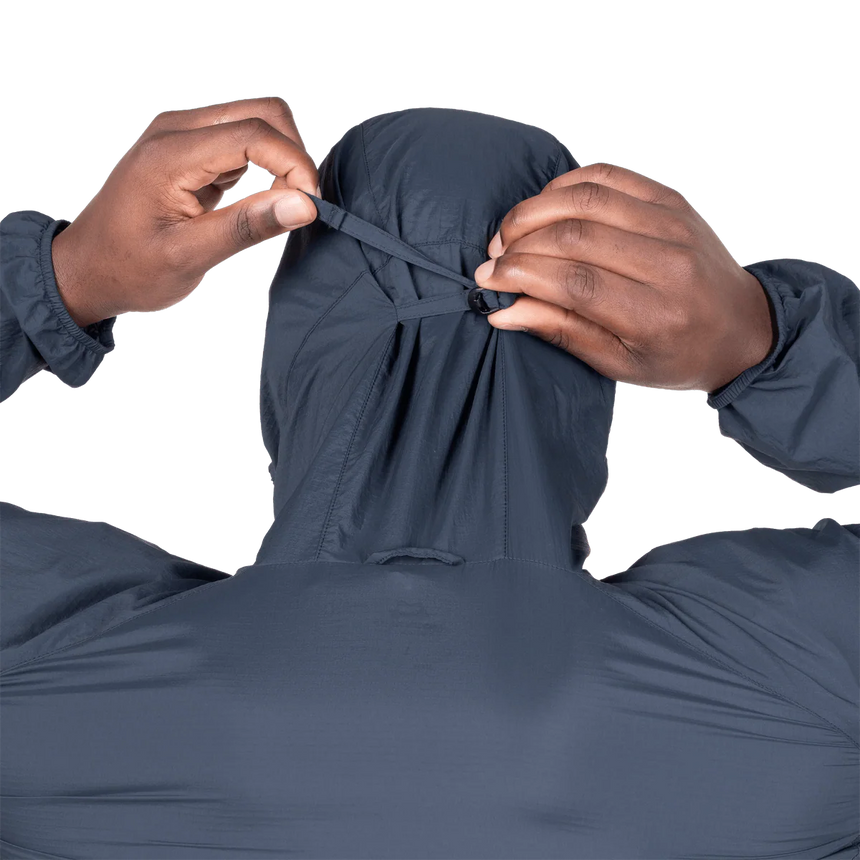 YKK moulded centre front zip detail on Mountain Equipment Aerofoil Hooded Men's Jacket in Blue Nights
