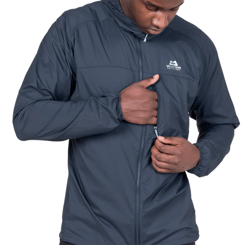 Mountain Equipment Aerofoil Hooded Men's Jacket in Blue Nights - hood up showing elastane-bound hood with rear adjustment