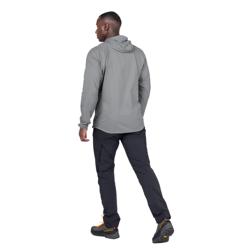 Mountain Equipment Aerofoil Hooded Men's Jacket in Tufa - side view showing active fit and adjustable hem drawcord