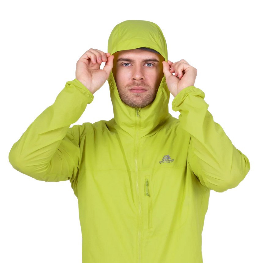Mountain Equipment Aerofoil Hooded Men's Jacket in Vine Green - packed into chest pocket showing twin karabiner carry loops