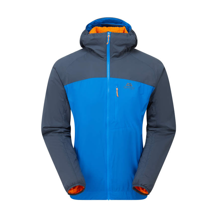 Mountain Equipment Aerotherm Men's Jacket in Atlantic/Blue Nights - front view showing EXOLITE 45 softshell fabric and active fit