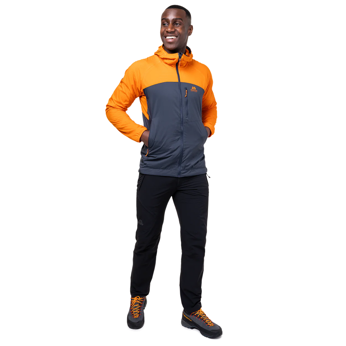 YKK moulded centre front zip detail on Mountain Equipment Aerotherm Men's Jacket in Blue Nights/Ember
