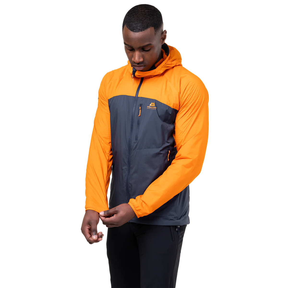 Mountain Equipment Aerotherm Men's Jacket in Blue Nights/Ember - front view showing EXOLITE 45 softshell fabric and active fit
