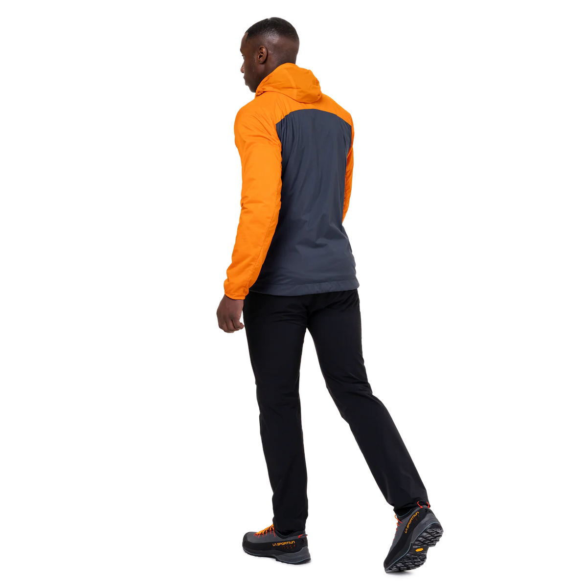 Mountain Equipment Aerotherm Men's Jacket in Blue Nights/Ember - hood rolled away showing clean neckline
