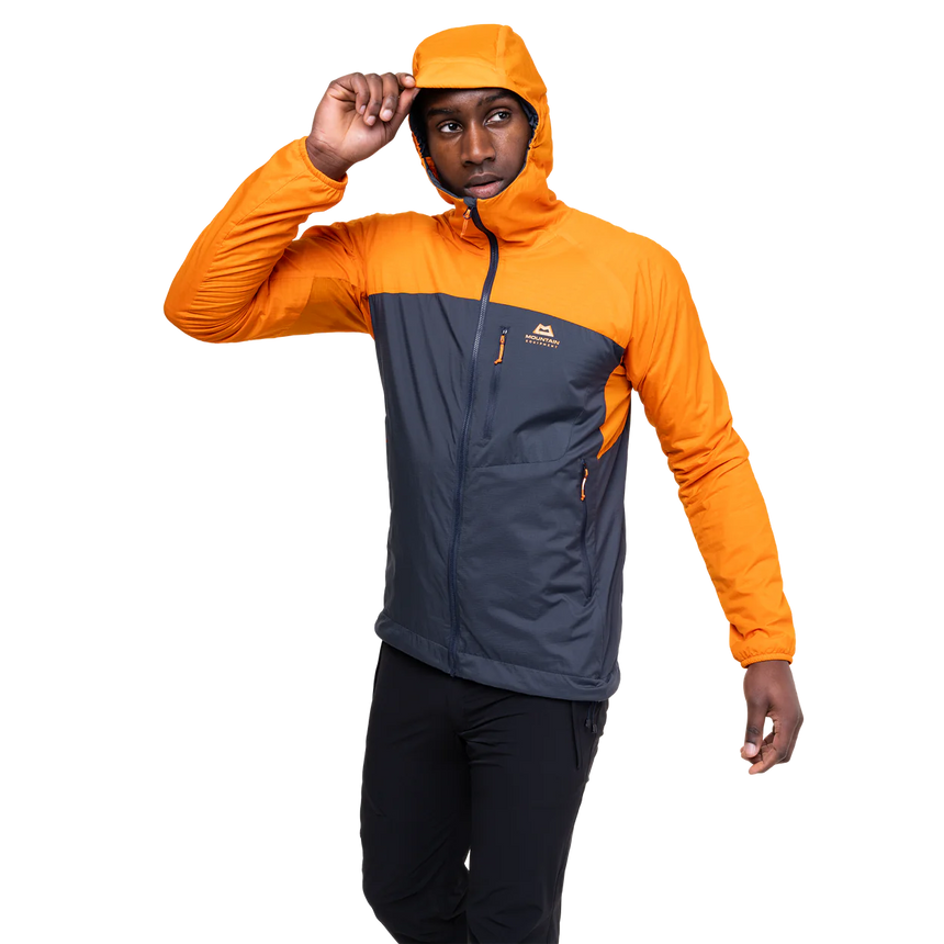 Mountain Equipment Aerotherm Men's Jacket in Blue Nights/Ember - side view showing active fit and dual tether hem drawcords