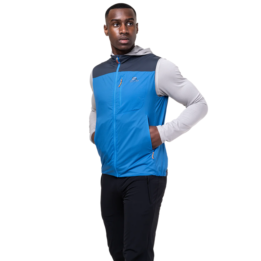 YKK moulded centre front zip detail on Mountain Equipment Aerotherm Men's Vest in Atlantic/Blue Nights