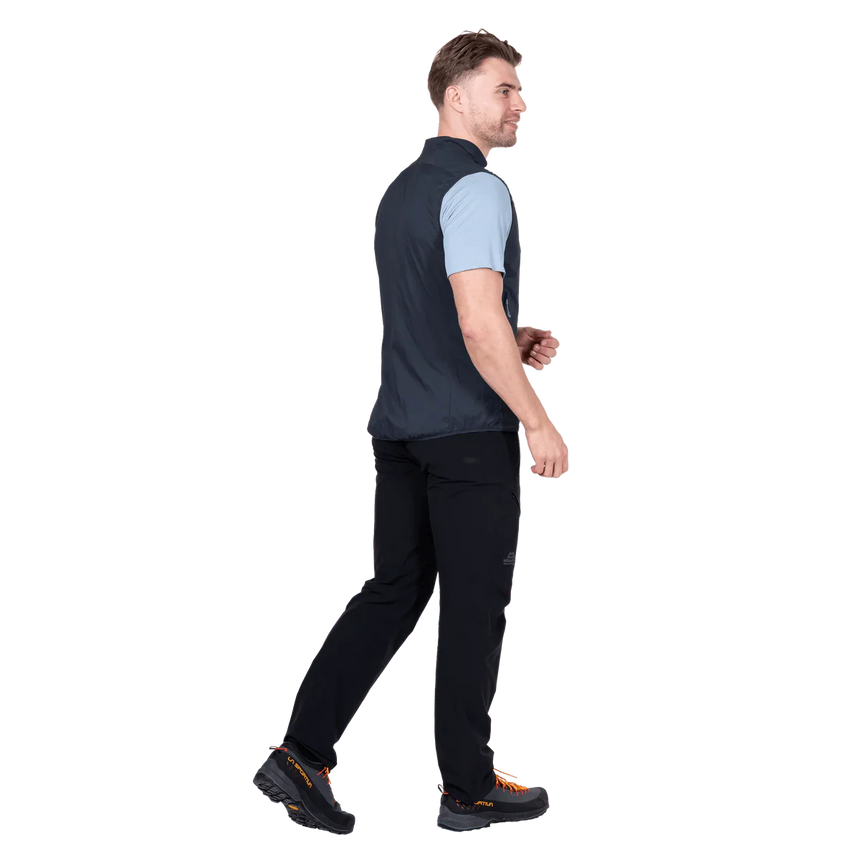 Mountain Equipment Aerotherm Men's Vest in Blue Nights - back view showing active fit and semi-elasticated hem