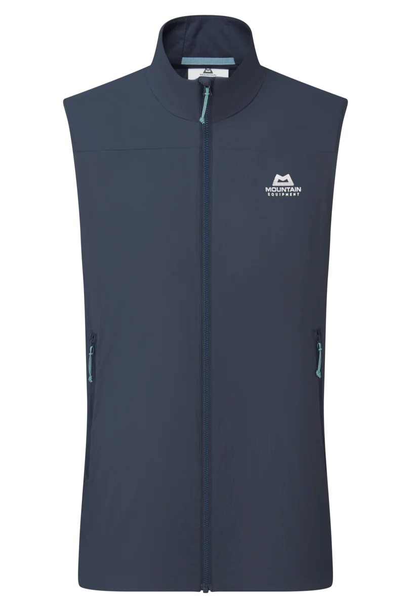 Mountain Equipment Aerotherm Men's Vest in Blue Nights - front view showing EXOLITE 45 softshell fabric and active fit