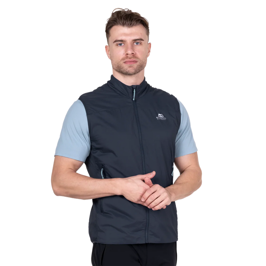 Zipped hand pocket detail on Mountain Equipment Aerotherm Men's Vest in Blue Nights