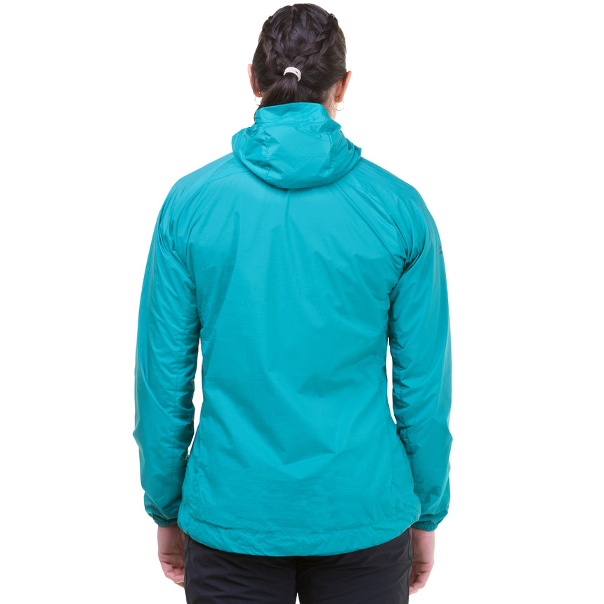 Mountain Equipment Aerotherm Women's Jacket in Jade - side view showing active fit and dual tether hem drawcords