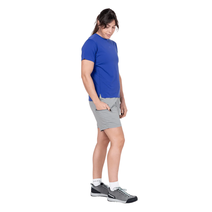 Mountain Equipment Dynamo Women's Short in Tufa - left side view showing zipped thigh pocket