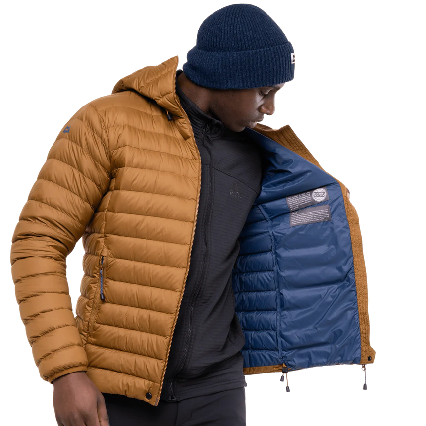 Mountain Equipment Earthrise Hooded Men's Jacket in Walnut - hood up showing insulated hood construction
