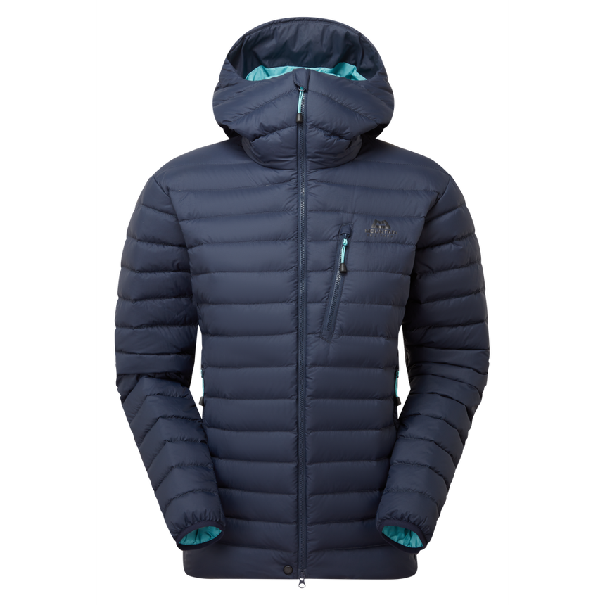 Mountain Equipment Earthrise Hooded Women's Jacket in Cosmos - front view showing 100% recycled down insulation and stitch-through baffle construction