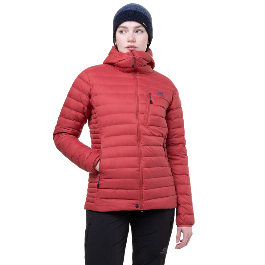 Zipped hand warmer pocket detail on Mountain Equipment Earthrise Hooded Women's Jacket in Rosewood