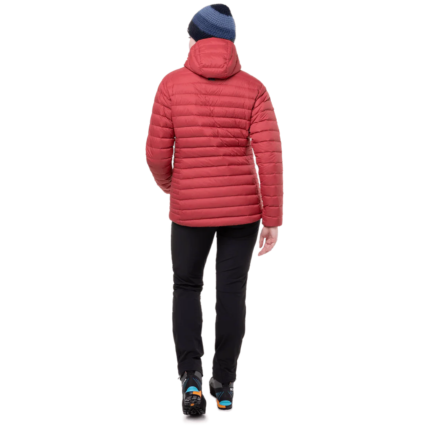 Mountain Equipment Earthrise Hooded Women's Jacket in Rosewood - hood up showing Mountain HC Insulated Hood helmet-compatible construction