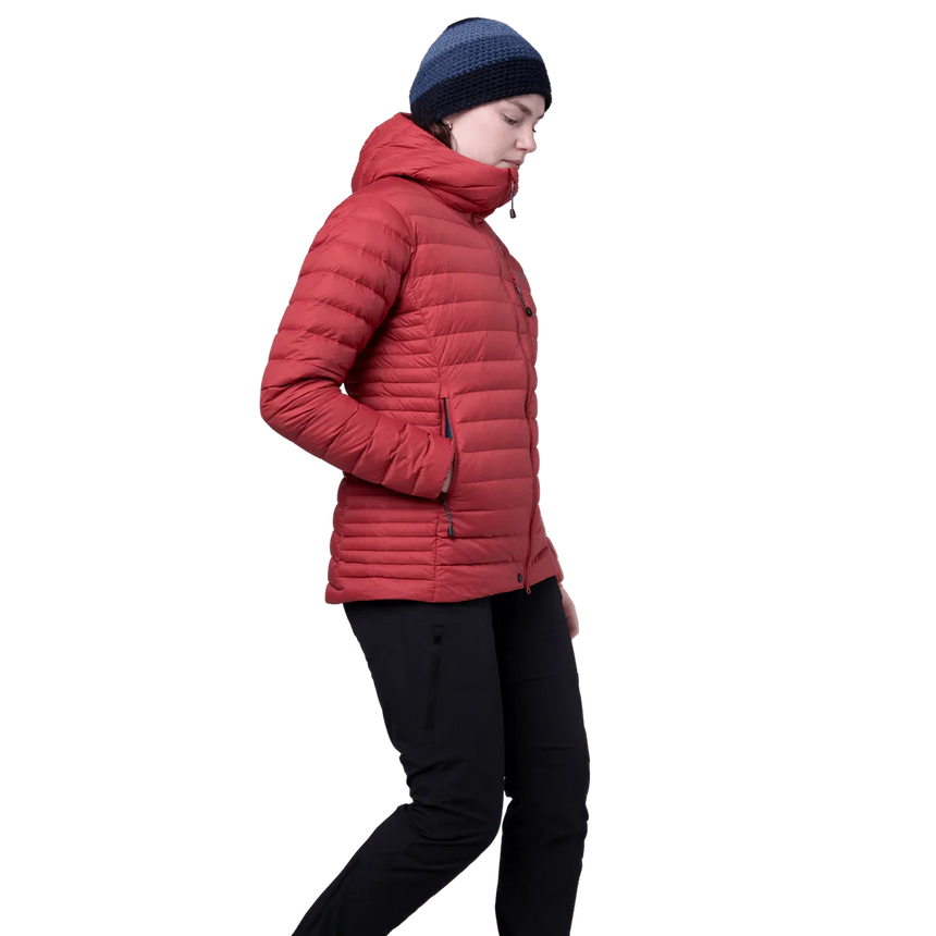 Mountain Equipment Earthrise Hooded Women's Jacket in Rosewood - side view showing fit and dual tether hem drawcords