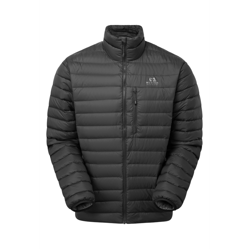 Mountain Equipment Earthrise Men's Jacket in Black - front view showing 100% recycled down insulation and stitch-through baffle construction