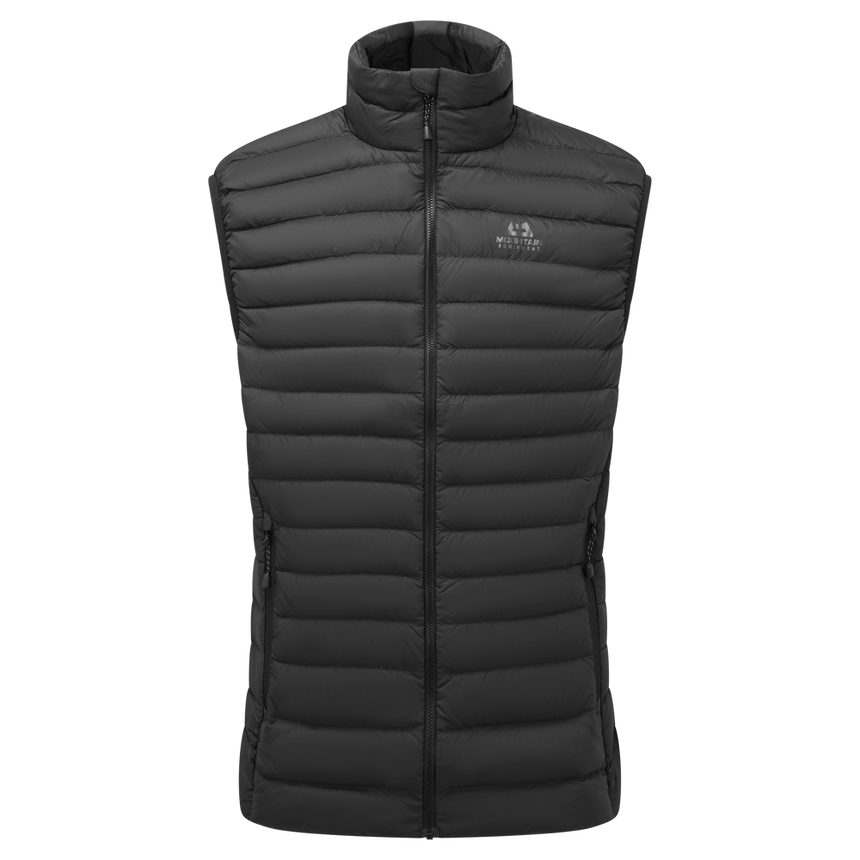 Mountain Equipment Earthrise Men's Vest in Black - front view showing 100% recycled down insulation and stitch-through baffle construction