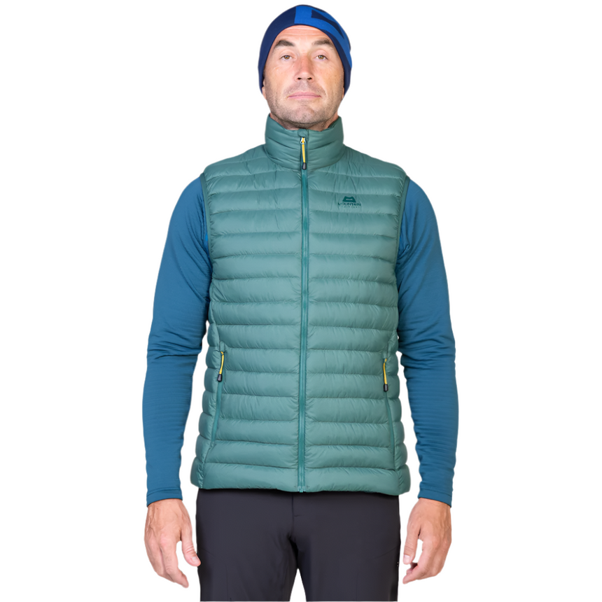 Mountain Equipment Earthrise Men's Vest in Fern - front view showing fit and stitch-through baffle construction