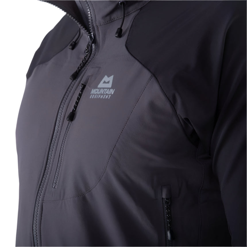 Mountain Equipment Frontier Men's Jacket in Anvil Grey/Black - hood rolled away showing clean neckline