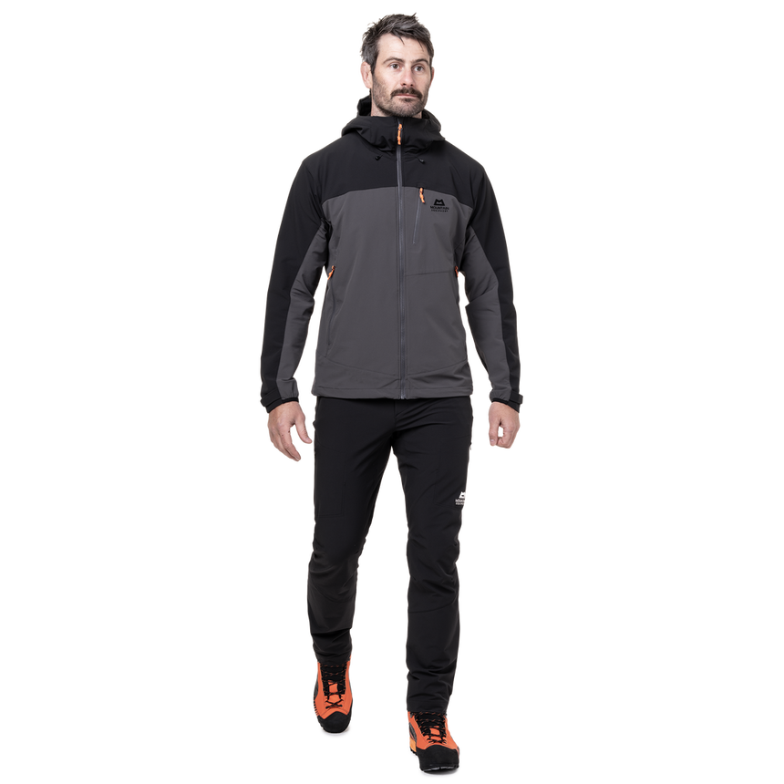 Mountain Equipment Frontier Men's Jacket in Anvil Grey/Black - side view showing alpine fit and stitched hem