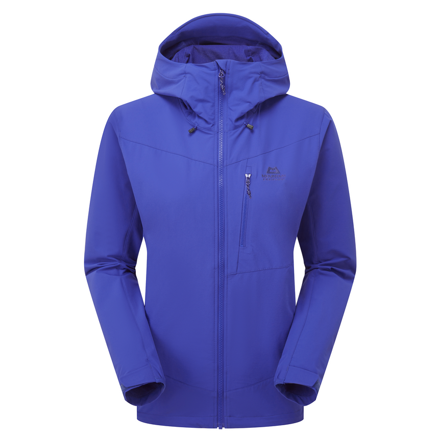 Mountain Equipment Frontier Women's Jacket in Clematis - back view showing articulated pre-shaped sleeves