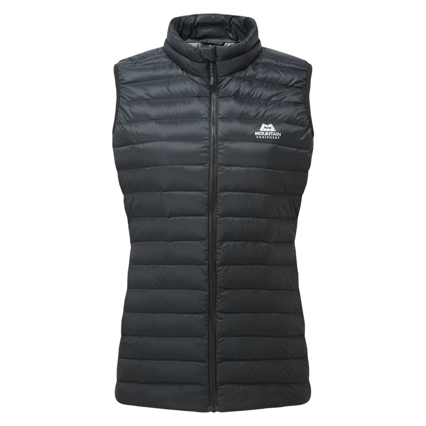 Mountain Equipment Frostline Women's Vest in Black - front view showing YKK moulded front zip, zipped hand warmer pockets and adjustable hem drawcord