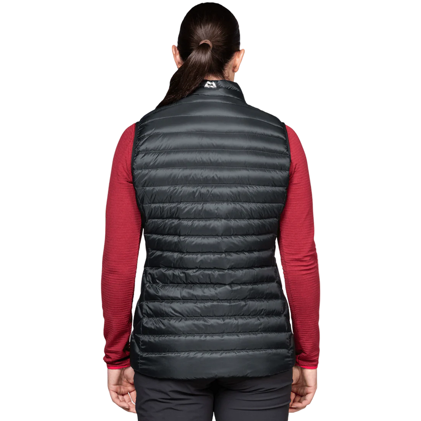 Mountain Equipment Frostline Women's Vest in Black worn on model - back view showing DRILITE Loft 20D shell and elastane-bound armholes