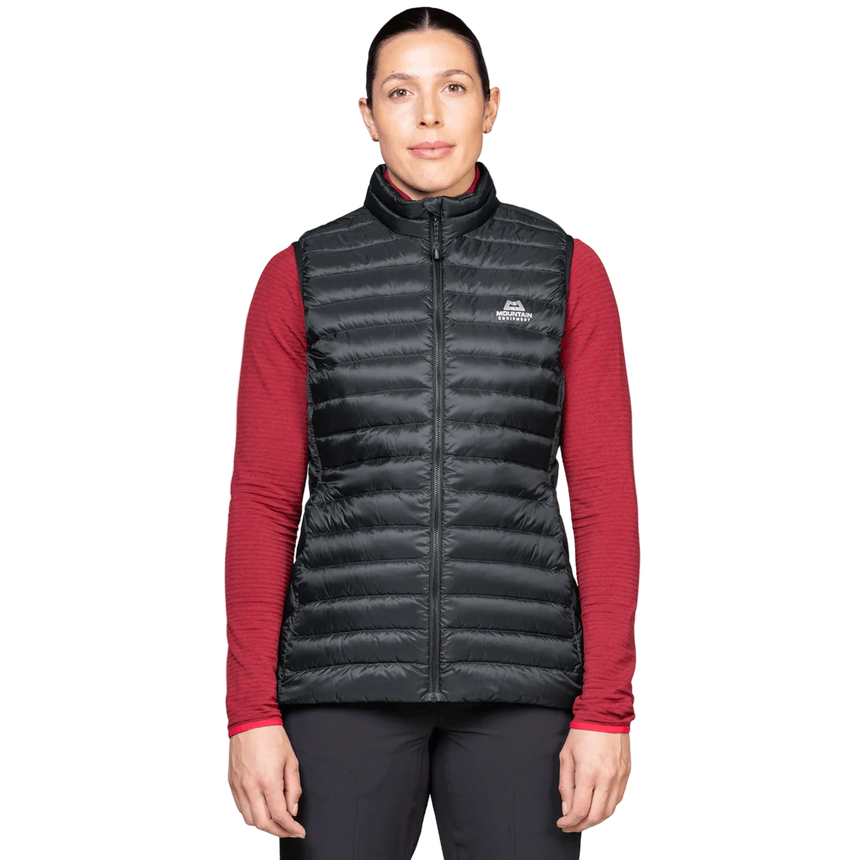 Mountain Equipment Frostline Women's Vest in Black worn on model - front view showing DRILITE Loft 20D shell and stitch-through narrow baffles
