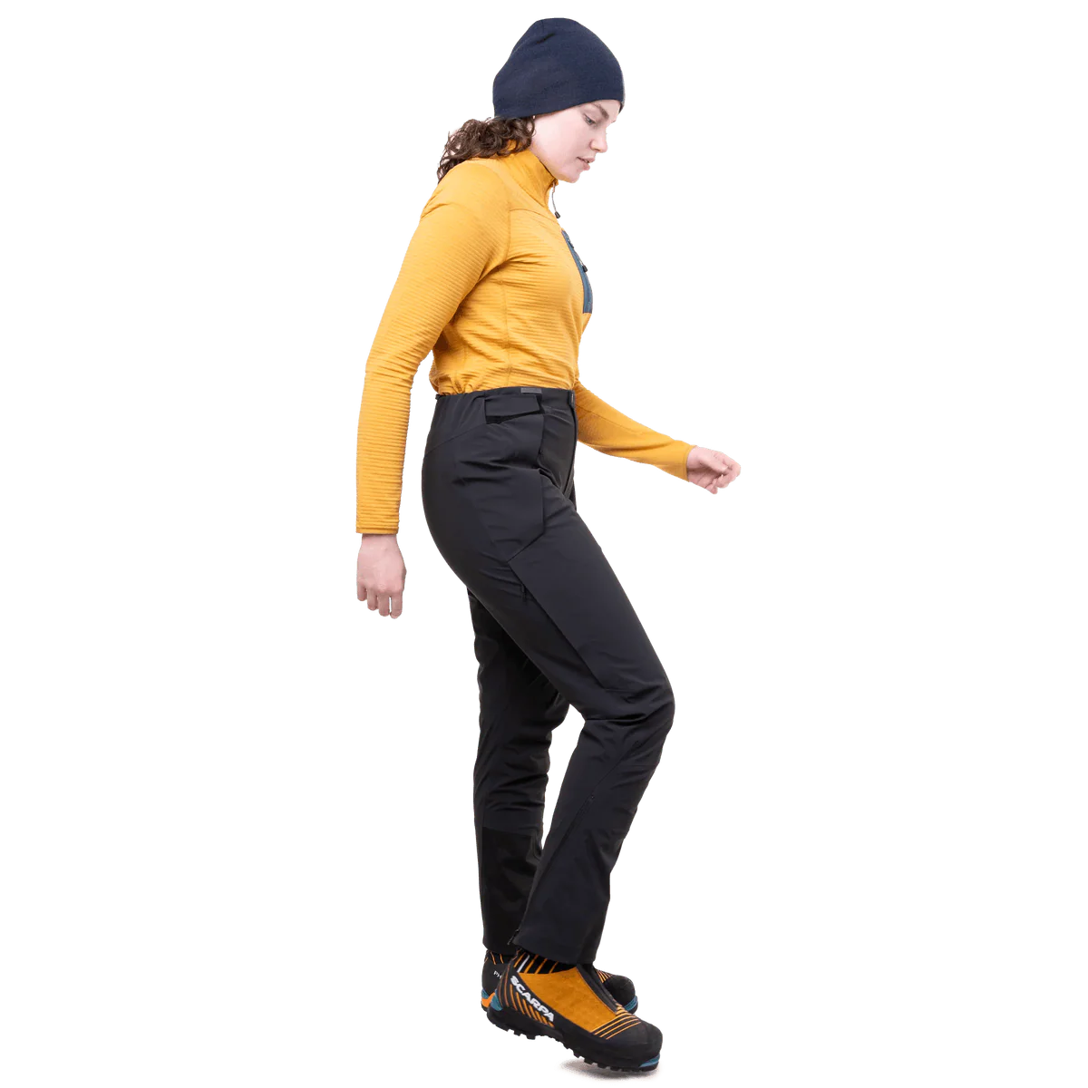 Mountain Equipment G2 Mountain Women's Pant in Black - right side view showing Mountain Fit