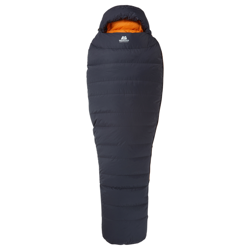 Mountain Equipment Glacier 450 Sleeping Bag in Obsidian - full length view showing tapered Alpine fit and Drilite Loft 30 denier outer fabric