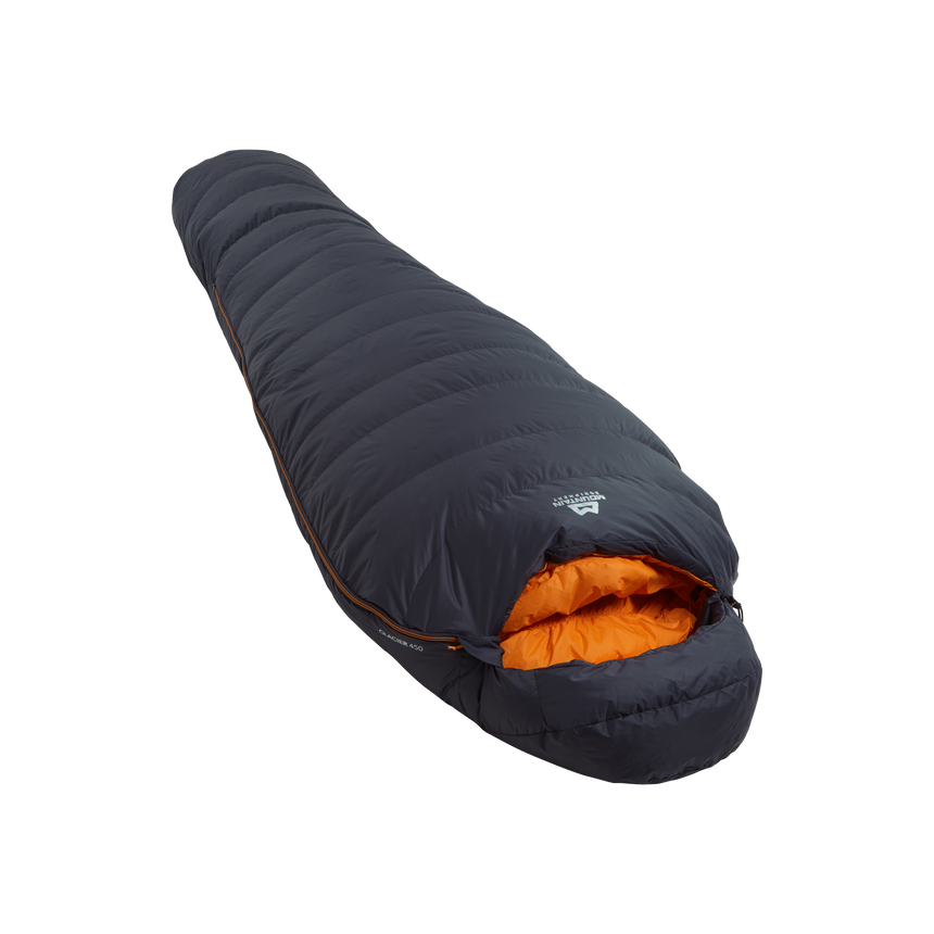 Mountain Equipment Glacier 450 Sleeping Bag in Obsidian - product preview showing 465 g of 700+ fill power duck down and Alpine fit construction
