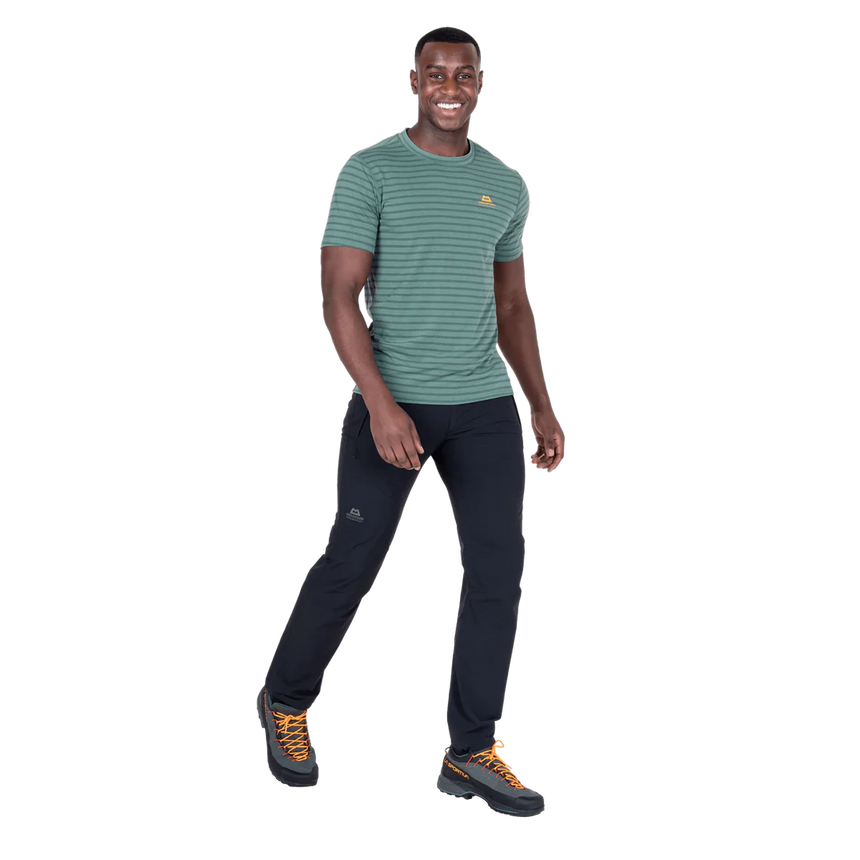 Mountain Equipment Groundup Men's Tee in Fern Stripe - side view showing slim fit and recycled polyester TENCEL fabric