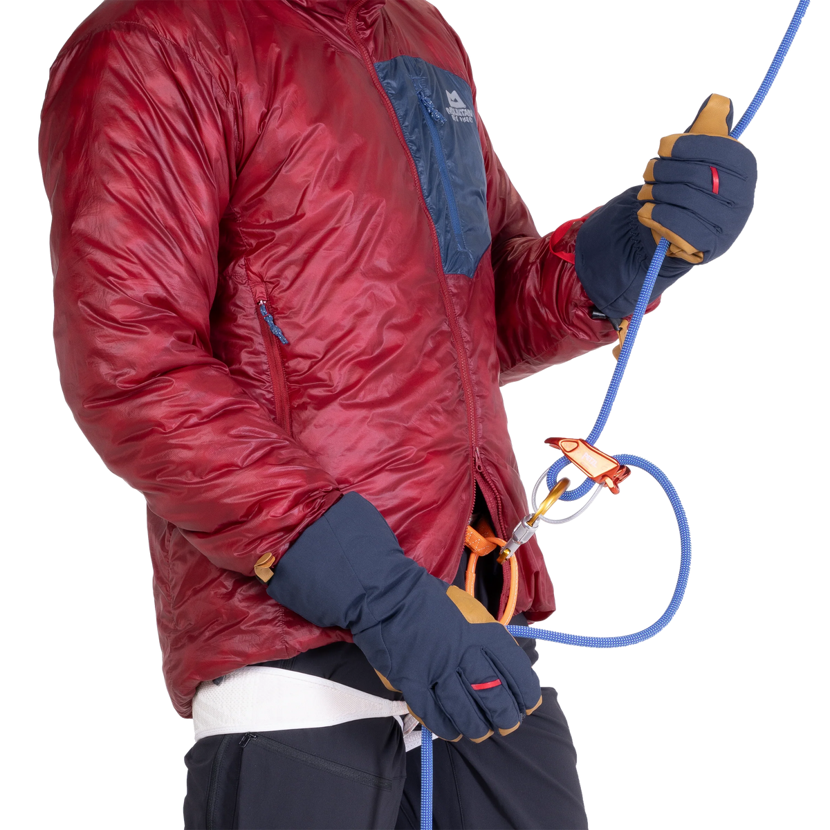 Reversed suede nose wipe detail on Mountain Equipment Guide Glove in Cosmos/Tan