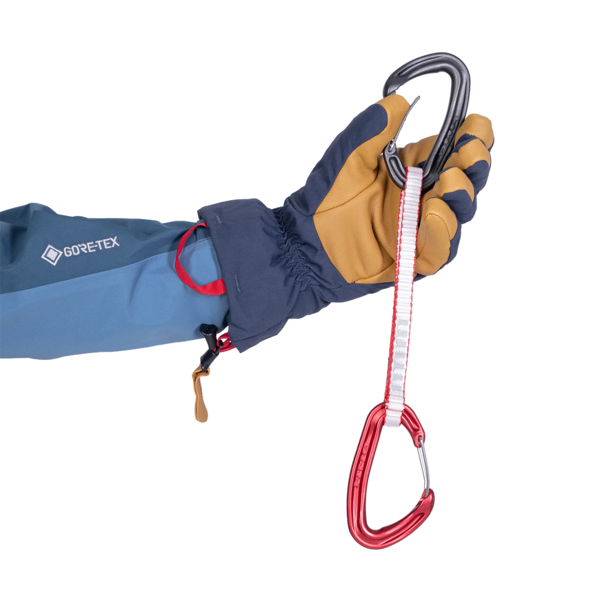 Carabiner carry loop and removable wrist tether on Mountain Equipment Guide Women's Glove in Cosmos/Tan
