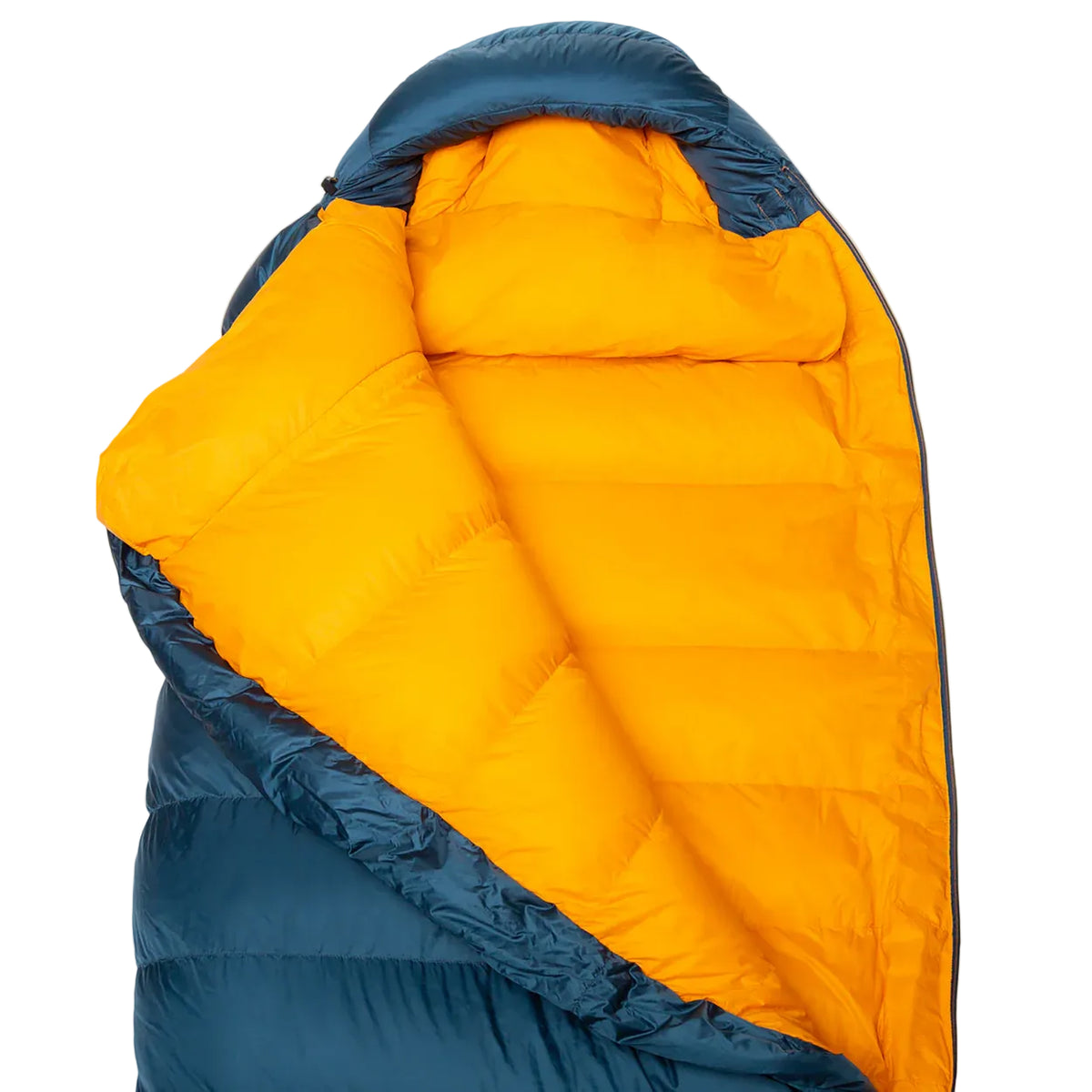 Foot box detail on Mountain Equipment Helium 400 Sleeping Bag in Majolica Blue showing Trapezium 4 System four-baffle construction