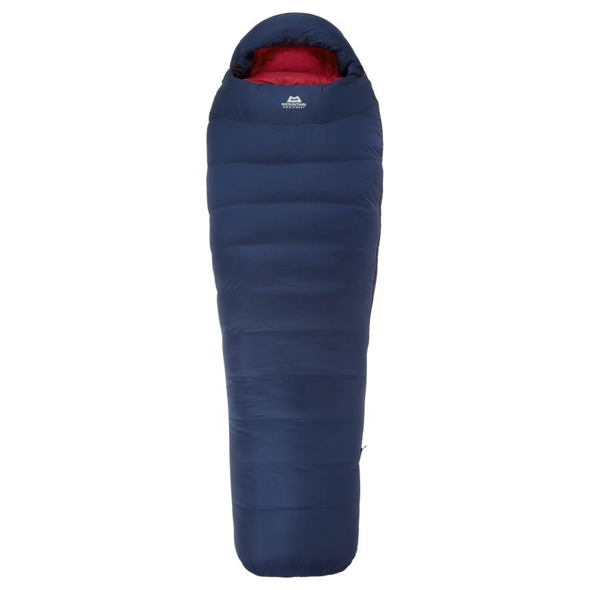 Hood detail on Mountain Equipment Helium 800 Women's Sleeping Bag in Medieval Blue showing five-baffle anatomically shaped construction with dual tether drawcords