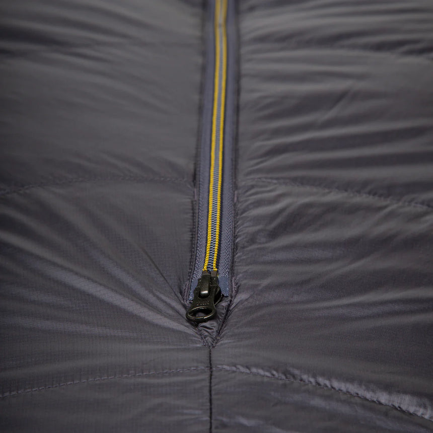 Recycled Supersoft 20D lining detail on Mountain Equipment Helium GT 400 Sleeping Bag in Anvil Grey showing PFAS-free DWR finish