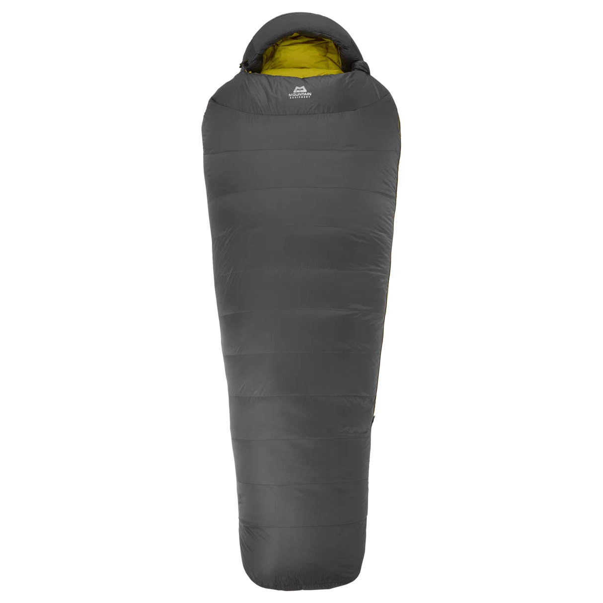 Hood detail on Mountain Equipment Helium GT 800 Sleeping Bag in Anvil Grey showing five-baffle anatomically shaped construction