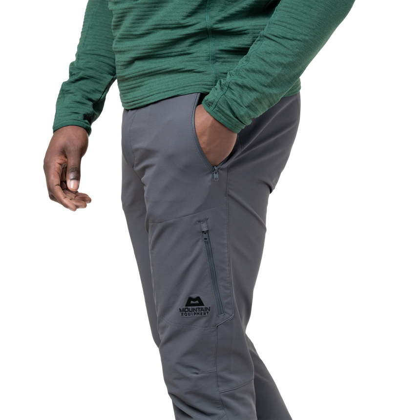 Close-up of integrated belt and microfleece-lined waistband on Mountain Equipment Ibex Mountain Men's Pant in Anvil Grey