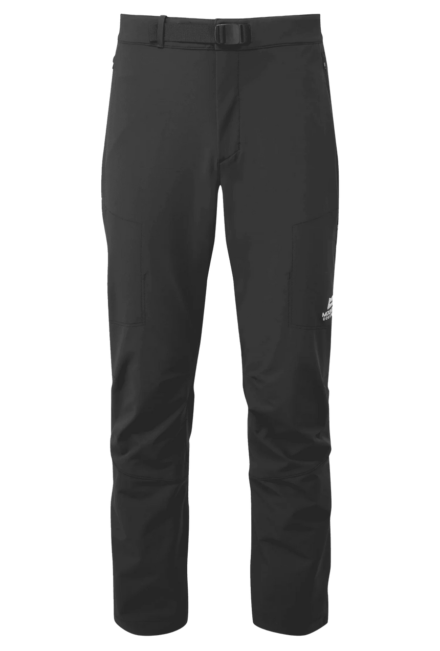 Mountain Equipment Ibex Mountain Men's Pant in Black - front view showing integrated belt and zip pockets