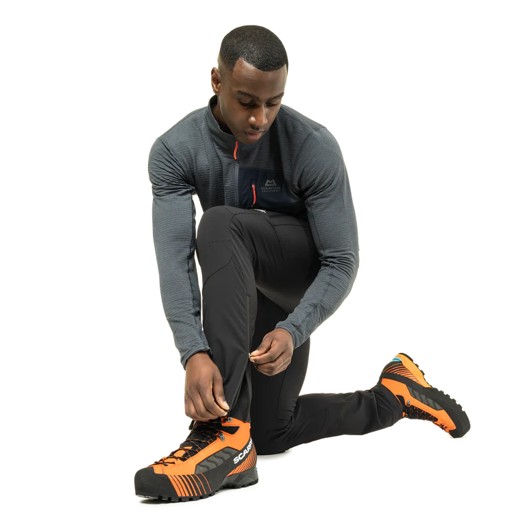 Mountain Equipment Ibex Mountain Men's Pant in Black - right side view showing Alpine Fit