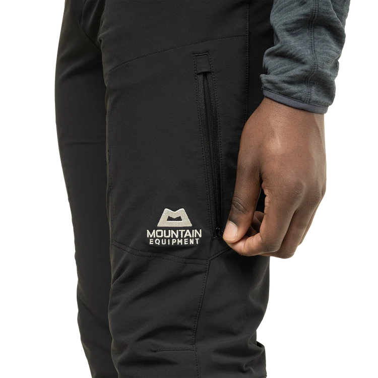 Close-up of integrated belt and microfleece-lined waistband on Mountain Equipment Ibex Mountain Men's Pant in Black