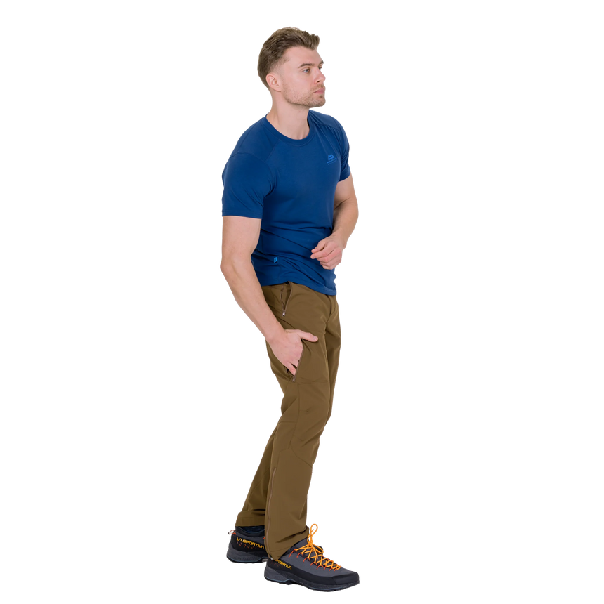 Ankle zip with internal gusset detail on Mountain Equipment Ibex Mountain Men's Pant in Desert Palm